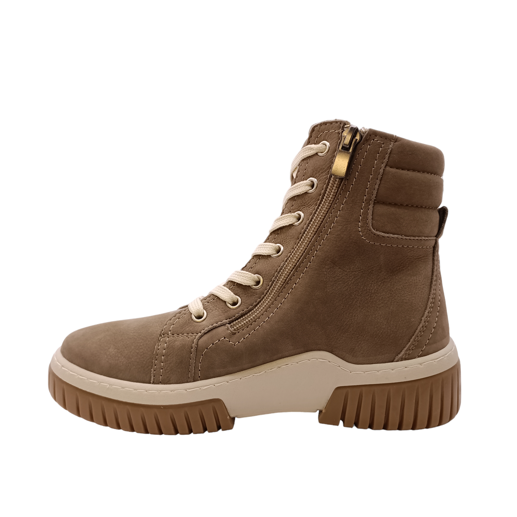 Side view of the boot Petra from Cabello. Soft Turkish taupe coloured leather boot with side zip and light coloured sole and laces. Padded ankle with ruggered grip. Shop Womens Boots Online and In-store with shoe&amp;me Mount Maunganui Tauranga NZ.
