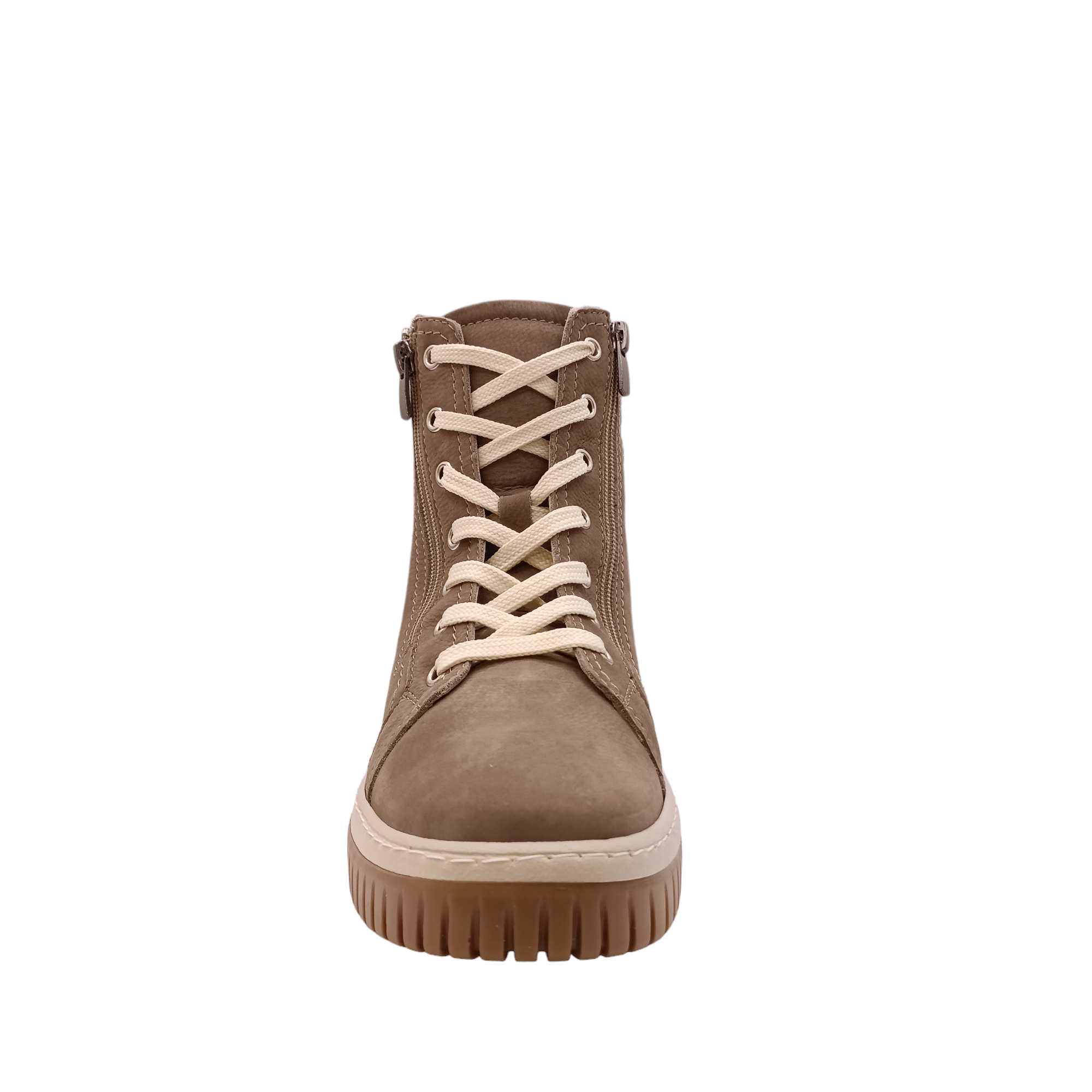 front on view of the boot Petra from Cabello. Soft Turkish taupe coloured leather boot with side zip and light coloured sole and laces. Padded ankle with ruggered grip. Shop Womens Boots Online and In-store with shoe&amp;me Mount Maunganui Tauranga NZ.