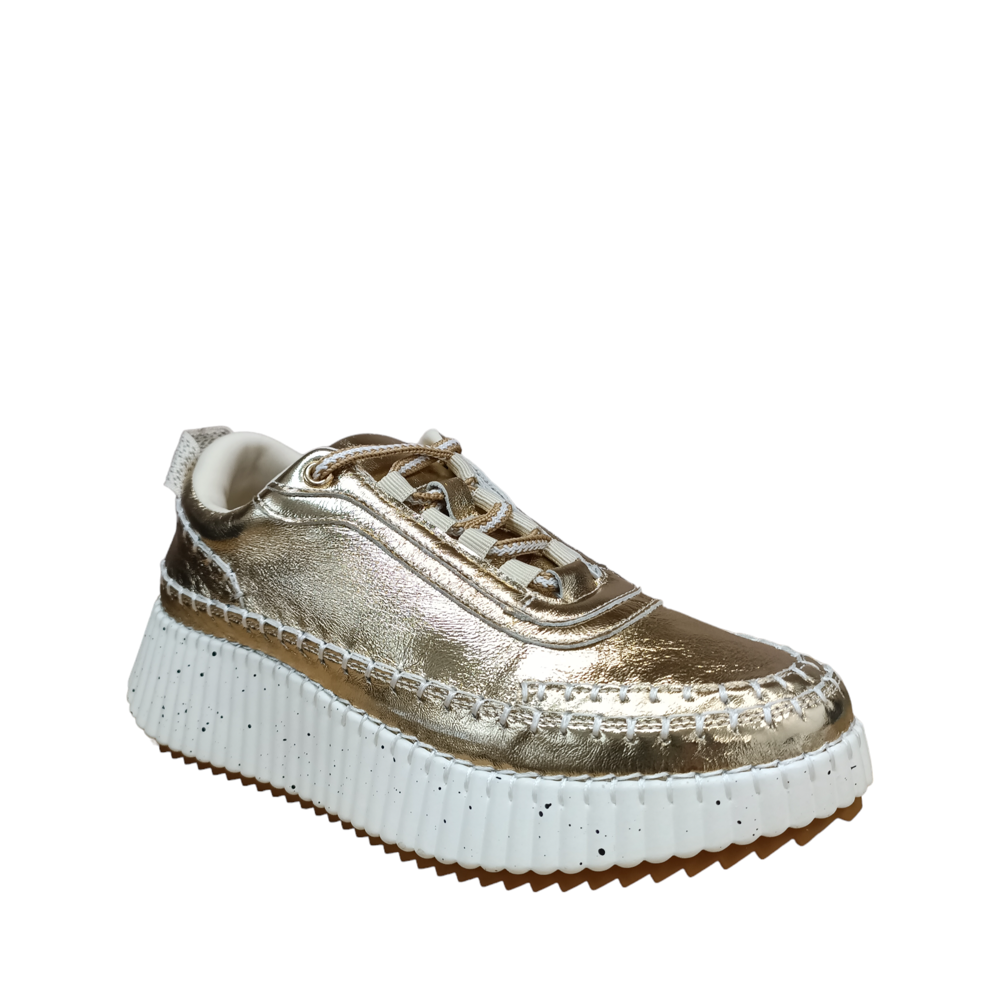Front view of a bright gold Gelato sneaker with a white speckled sole. shop womens winter sneakers shoe&amp;me NZ