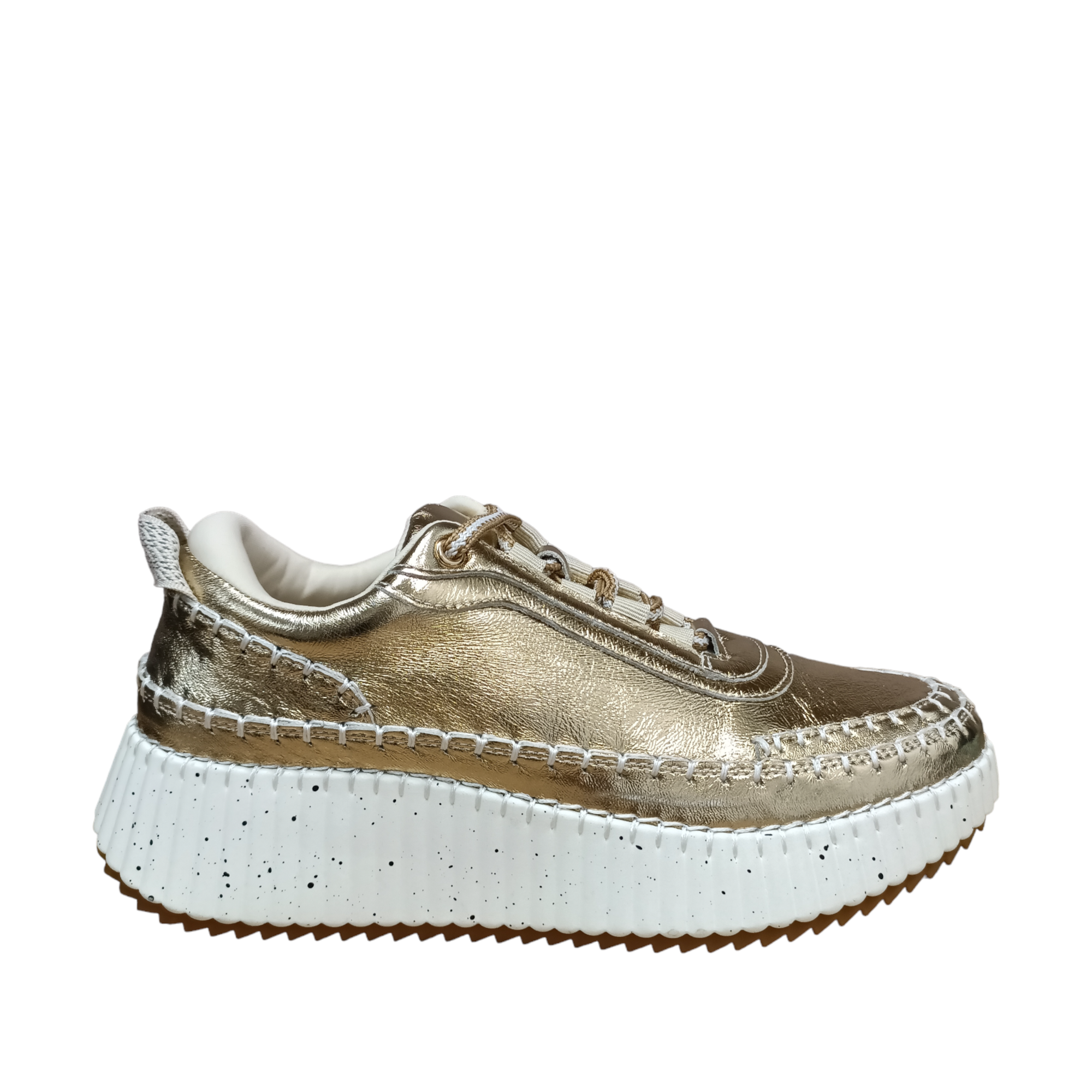 Front view of a bright gold Gelato sneaker with a white speckled sole. shop womens winter sneakers shoe&amp;me NZ