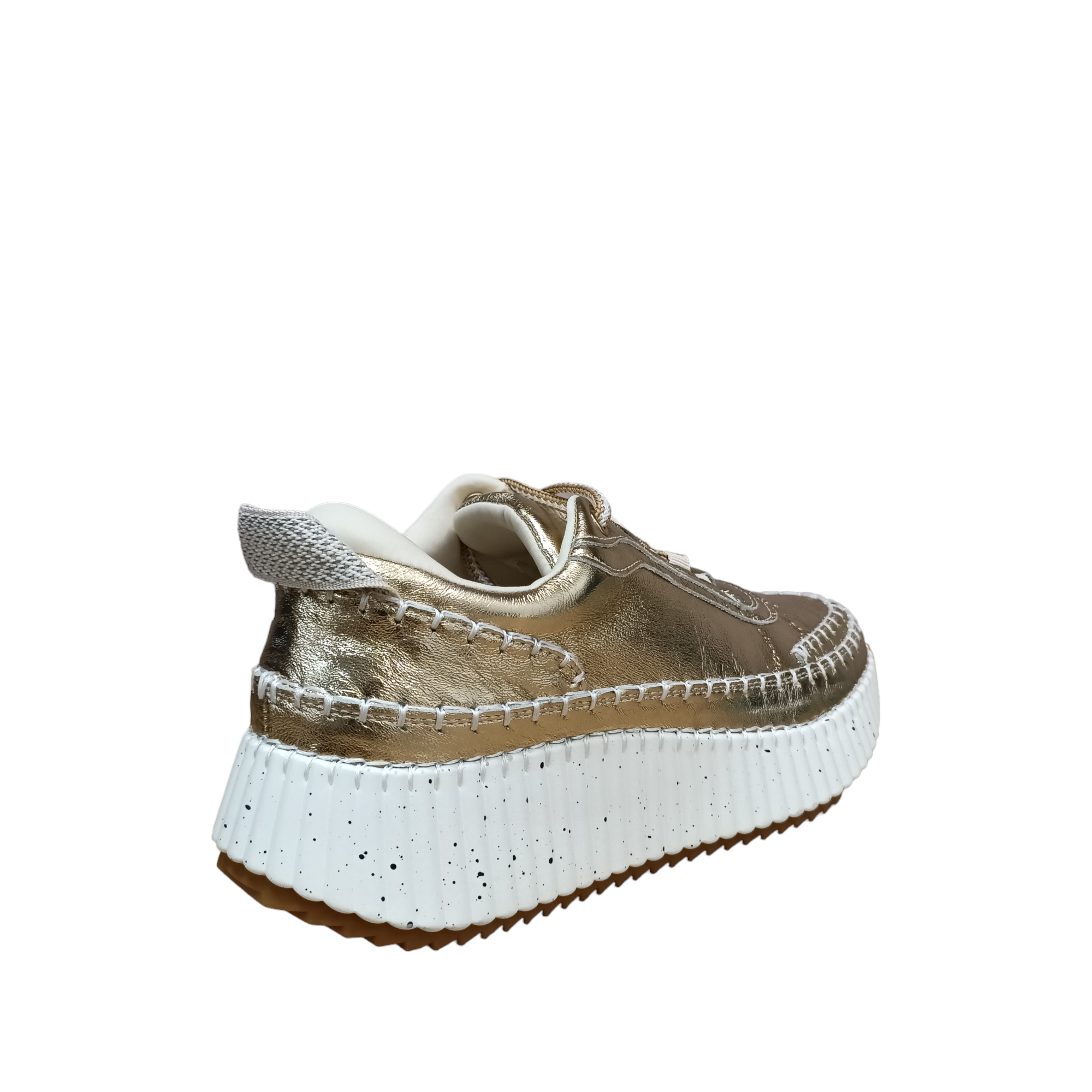 Back view of a bright gold Gelato sneaker with a white speckled sole. White bright stitching joining the upper with the botton part of the shoe. shop womens winter sneakers shoe&amp;me NZ