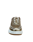 Front view of a bright gold Gelato sneaker with a white speckled sole. White bright stitching joining the upper with the botton part of the shoe. shop womens winter sneakers shoe&me NZ