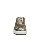 Front view of a bright gold Gelato sneaker with a white speckled sole. White bright stitching joining the upper with the botton part of the shoe. shop womens winter sneakers shoe&me NZ