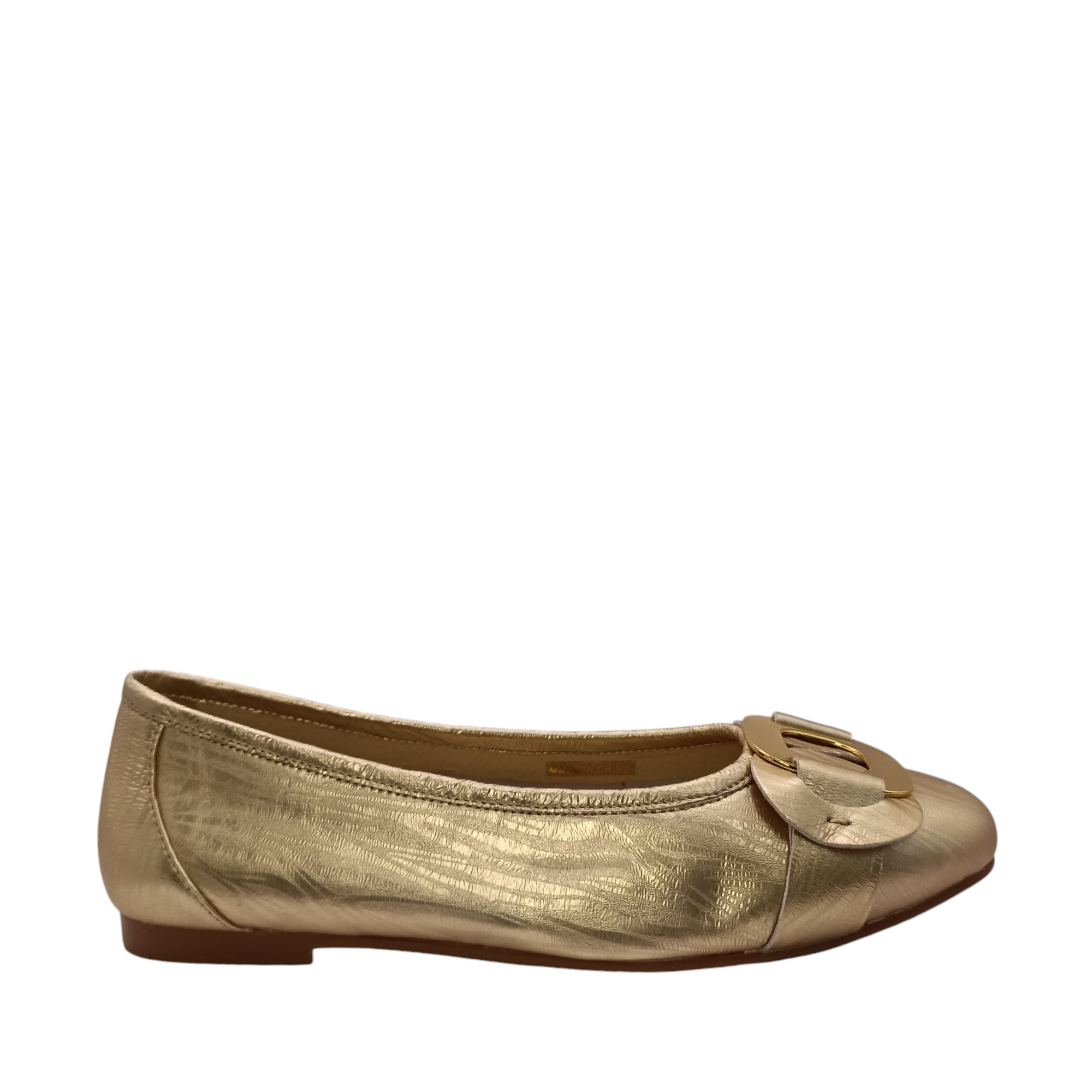 Side view of Pushy Gold Leather ballet flat from Bresley. With a gold buckle over the top of the shoe. Shop Womens Bresley Shoes online and IN-store with shoe&me Mount Maunganui NZ.