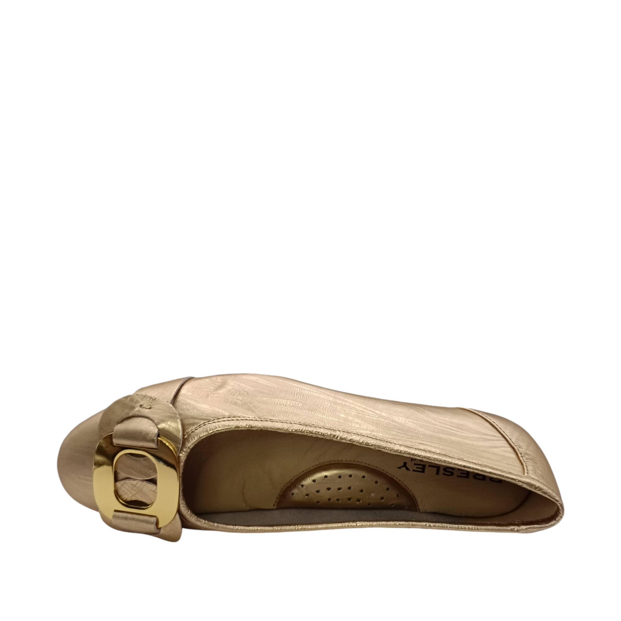 Top view of Pushy Gold Leather ballet flat from Bresley. With a gold buckle over the top of the shoe. Shop Womens Bresley Shoes online and IN-store with shoe&me Mount Maunganui NZ.