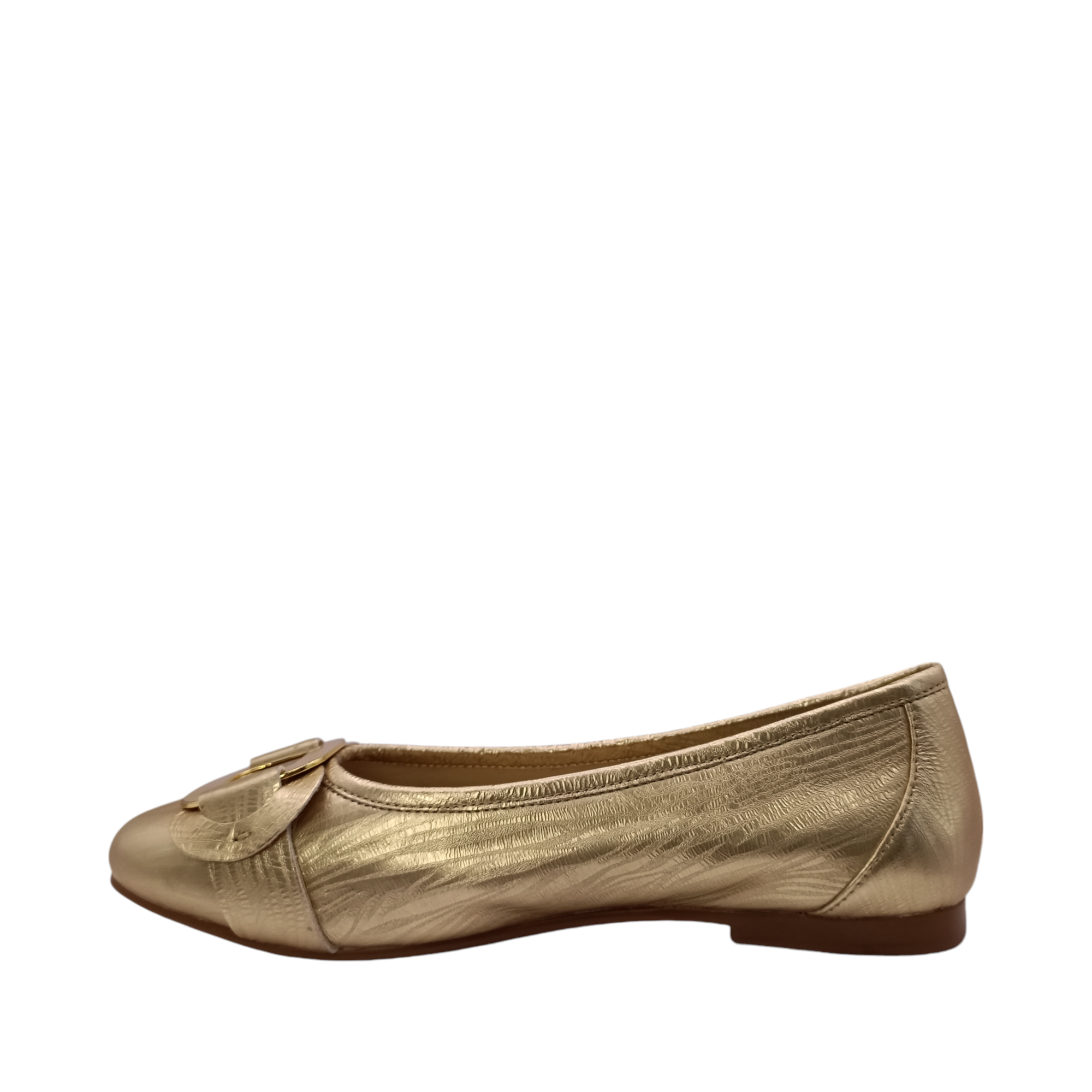 Side view of Pushy Gold Leather ballet flat from Bresley. With a gold buckle over the top of the shoe. Shop Womens Bresley Shoes online and IN-store with shoe&me Mount Maunganui NZ.