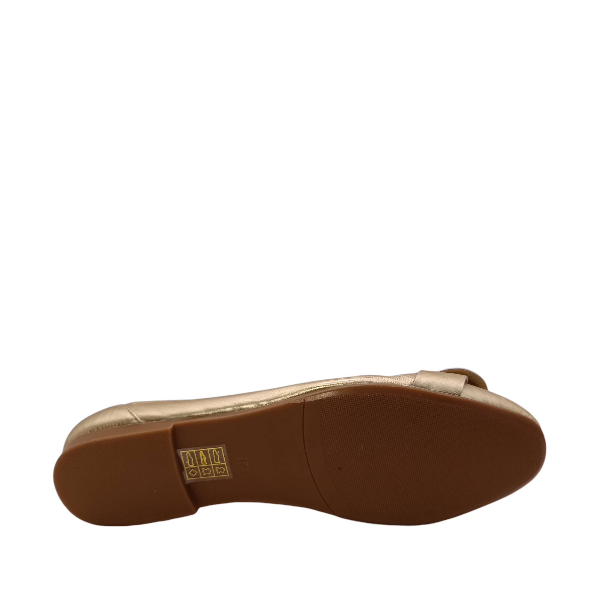 Sole view of Pushy Gold Leather ballet flat from Bresley. With a gold buckle over the top of the shoe. Shop Womens Bresley Shoes online and IN-store with shoe&me Mount Maunganui NZ.