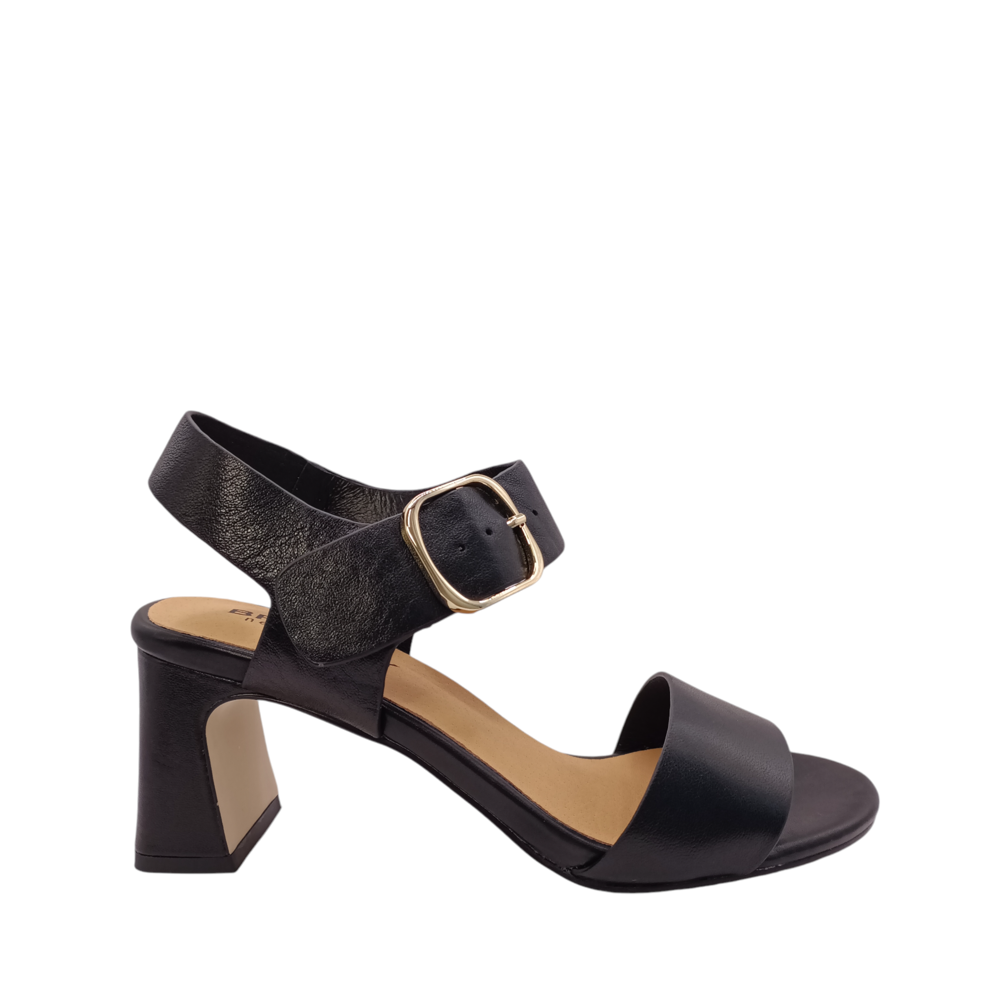 Side view of Scribe from Bresley&#39;s black leather heel with gold adjustable buckle. A tall black block heel. Shop Womens High heels online and in-store with shoe&amp;me Mount Maunganui NZ