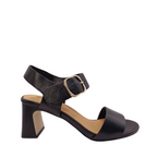 Side view of Scribe from Bresley's black leather heel with gold adjustable buckle. A tall black block heel. Shop Womens High heels online and in-store with shoe&me Mount Maunganui NZ