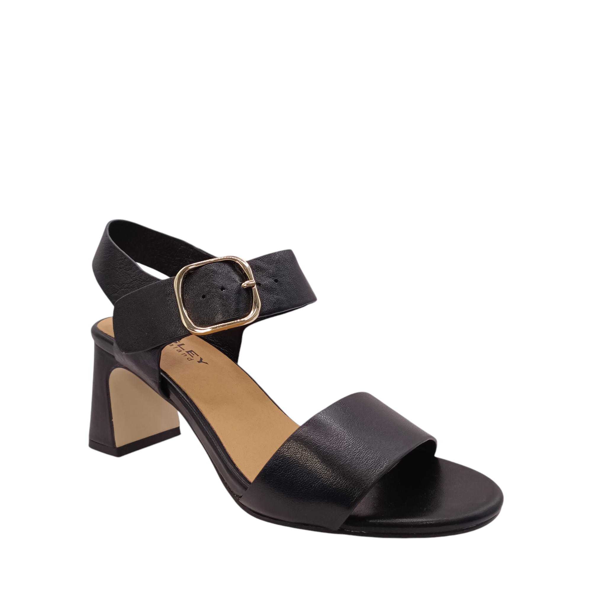 Front side view of Scribe from Bresley's black leather heel with gold adjustable buckle. A tall black block heel. Shop Womens High heels online and in-store with shoe&me Mount Maunganui NZ