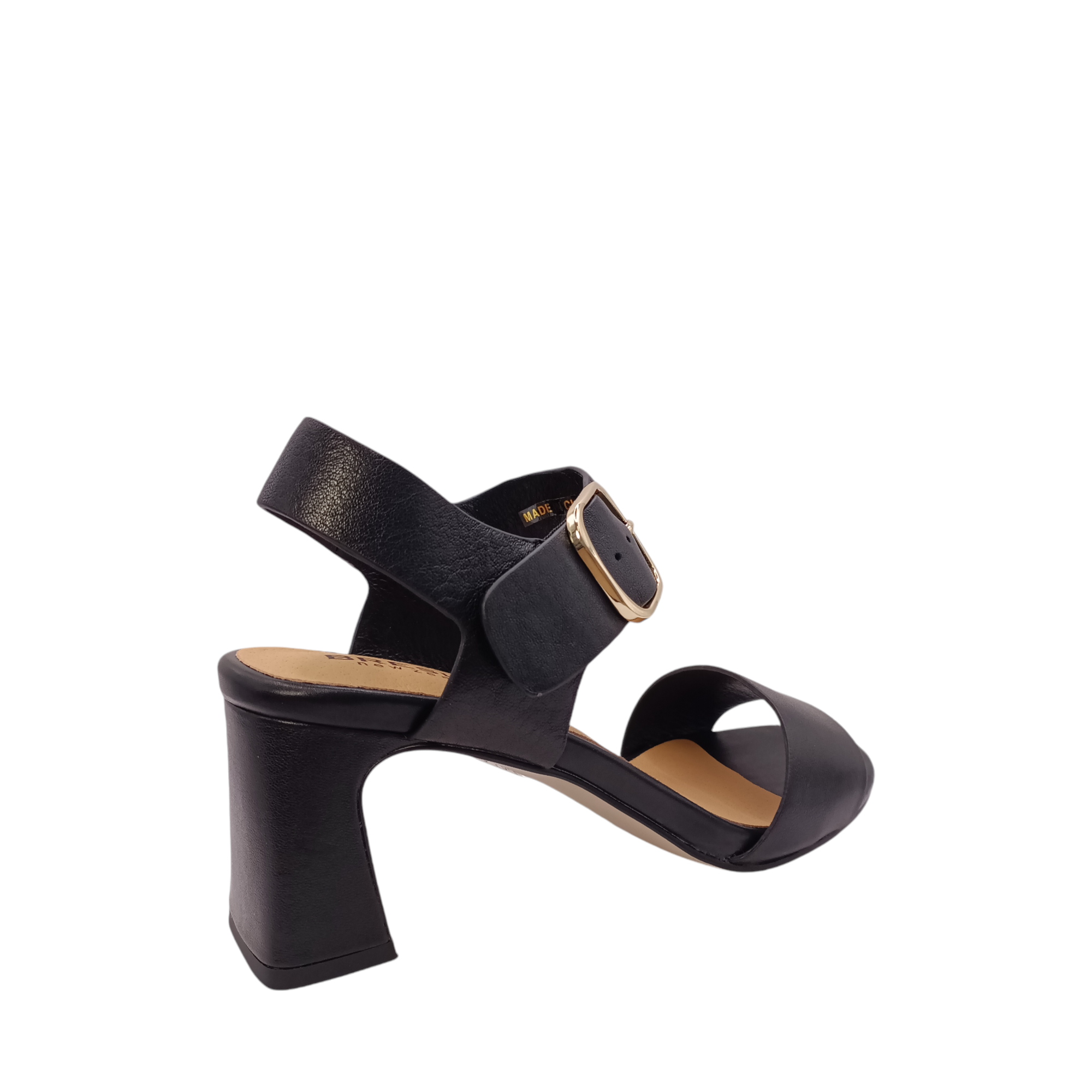 Back side view of Scribe from Bresley's black leather heel with gold adjustable buckle. A tall black block heel. Shop Womens High heels online and in-store with shoe&me Mount Maunganui NZ