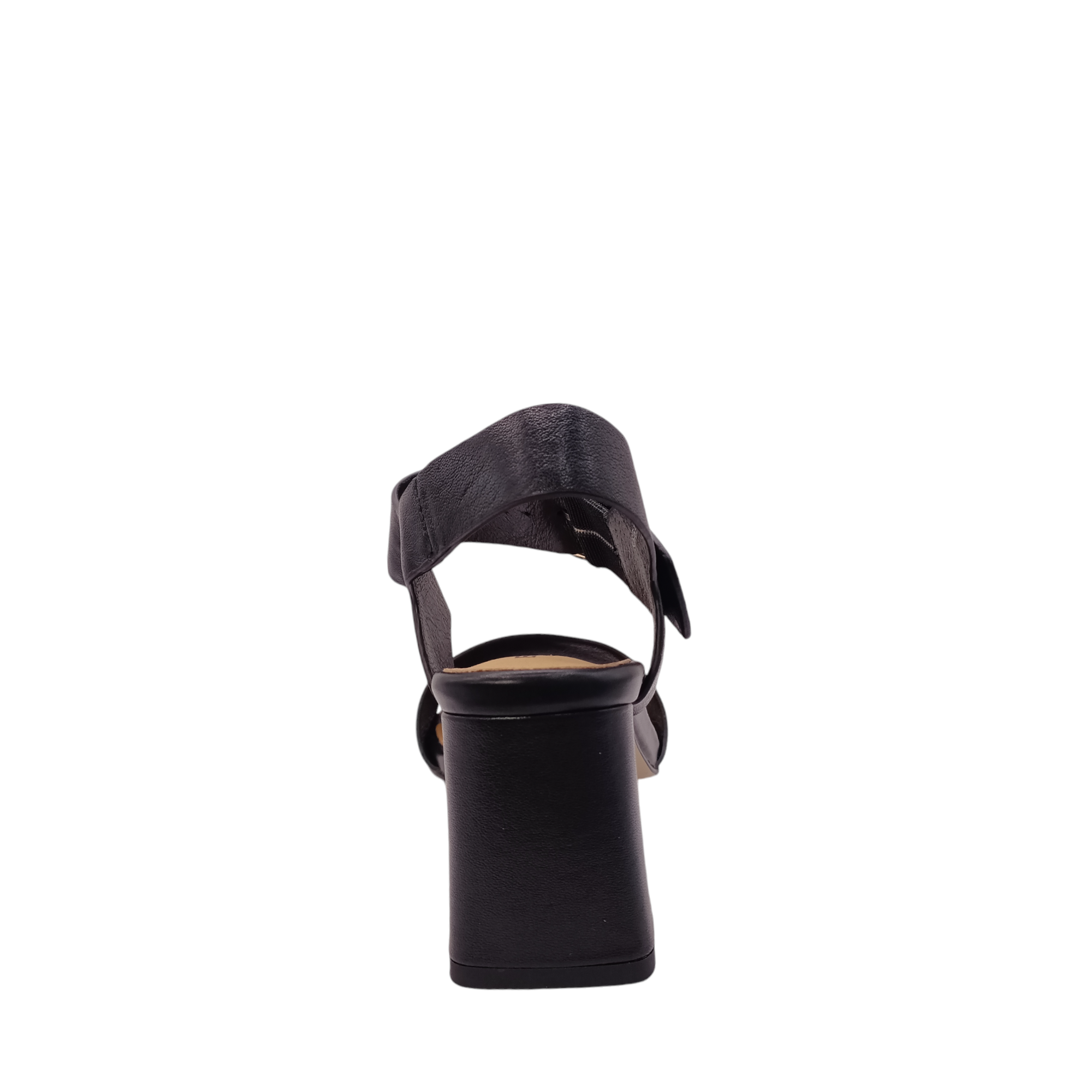 Back view of Scribe from Bresley&#39;s black leather heel with gold adjustable buckle. A tall black block heel. Shop Womens High heels online and in-store with shoe&amp;me Mount Maunganui NZ