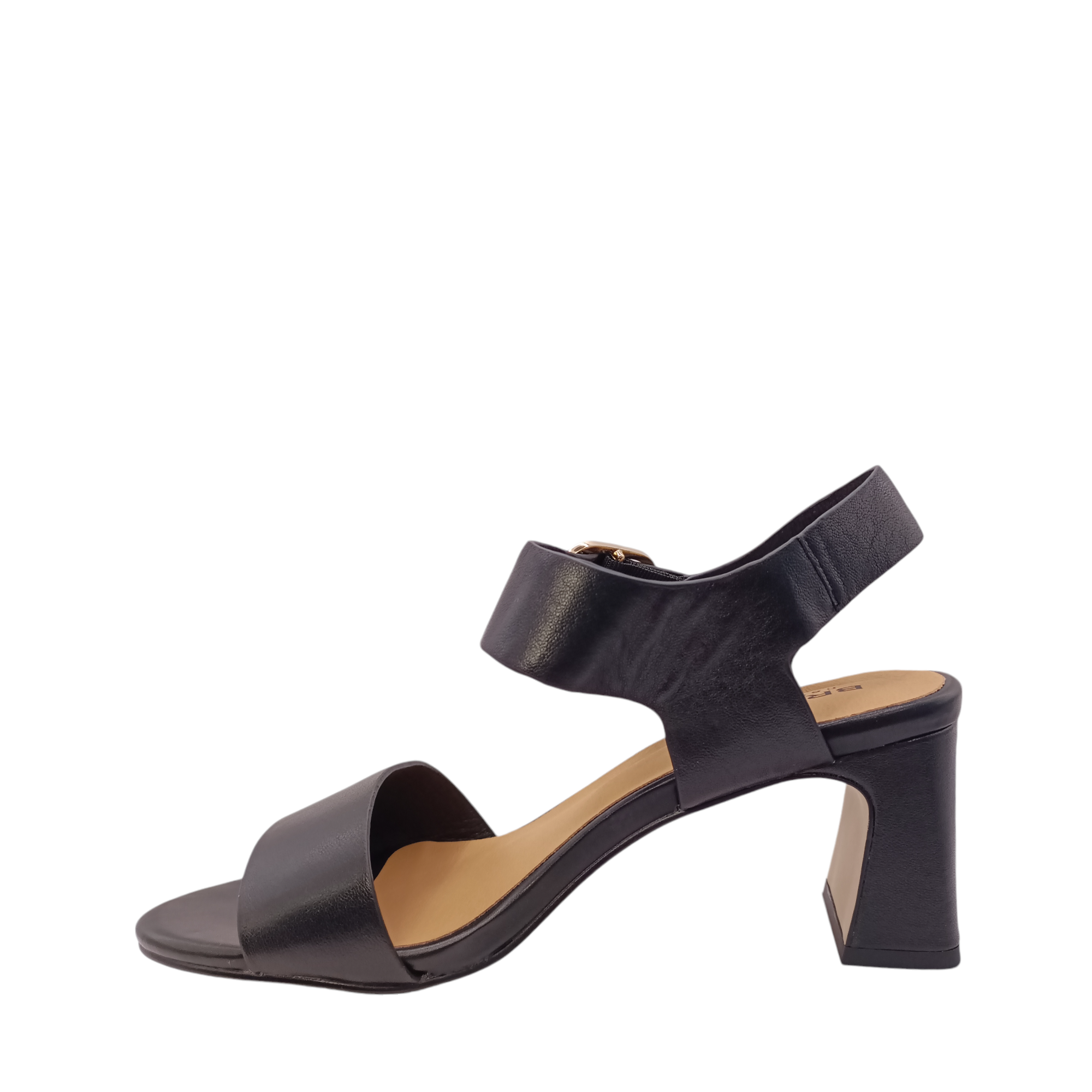 Side view of Scribe from Bresley's black leather heel with gold adjustable buckle. A tall black block heel. Shop Womens High heels online and in-store with shoe&me Mount Maunganui NZ