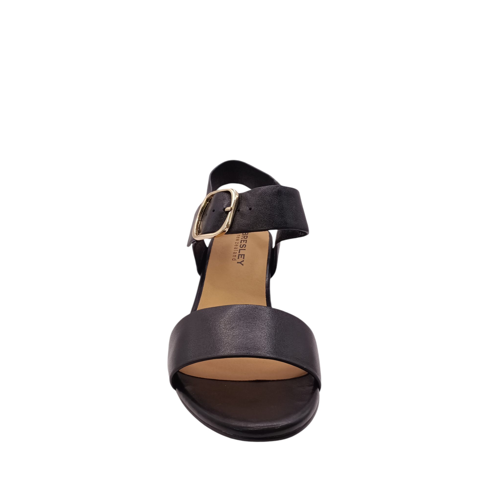 Front view of Scribe from Bresley's black leather heel with gold adjustable buckle. A tall black block heel. Shop Womens High heels online and in-store with shoe&me Mount Maunganui NZ