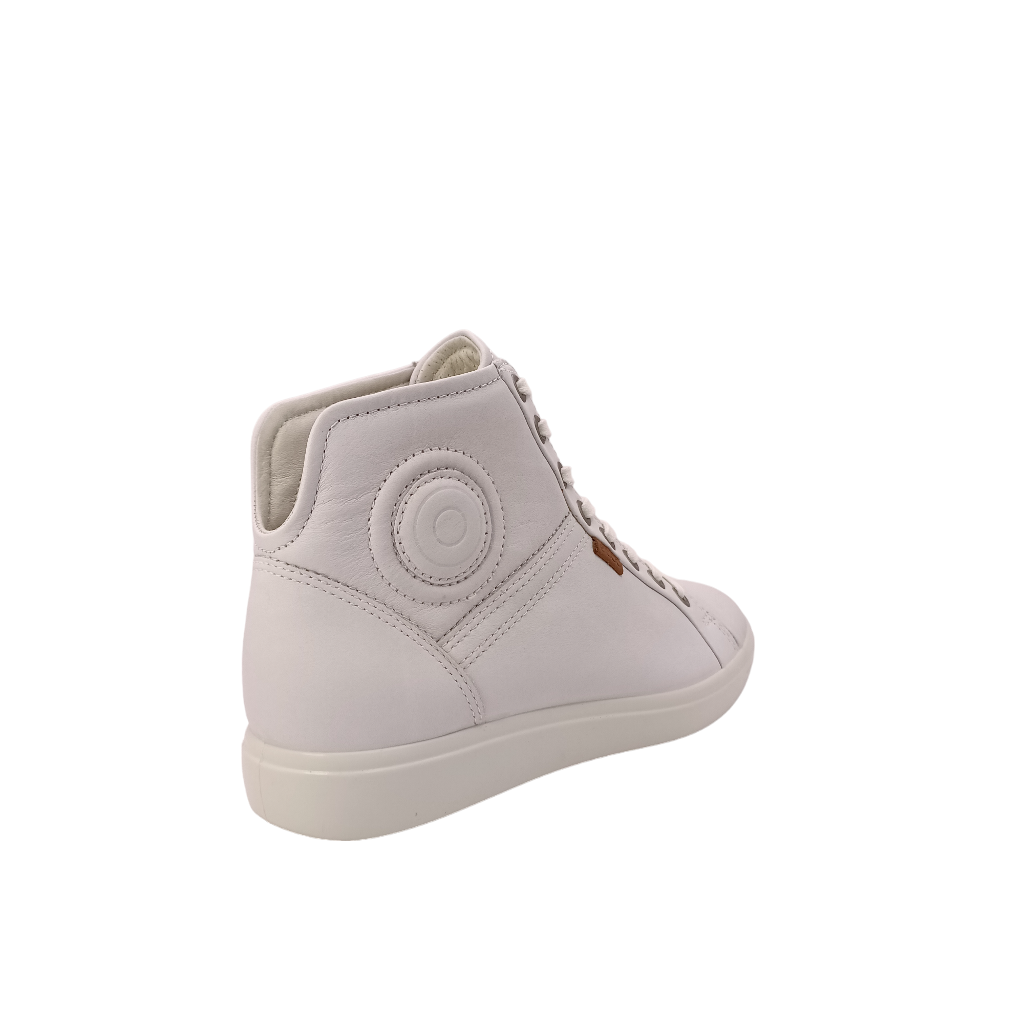 White Circle pattern on side top with a v shape heel Shop Womens Hi-cut white sneaker from Ecco.  View of side white leather sneaker with white laces. Shop shoe&amp;me Mount Maunganui NZ.