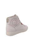 White Circle pattern on side top with a v shape heel Shop Womens Hi-cut white sneaker from Ecco.  View of side white leather sneaker with white laces. Shop shoe&me Mount Maunganui NZ.