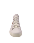 White Circle pattern on side top with a v shape heel Shop Womens Hi-cut white sneaker from Ecco.  View of side white leather sneaker with white laces. Shop shoe&me Mount Maunganui NZ.