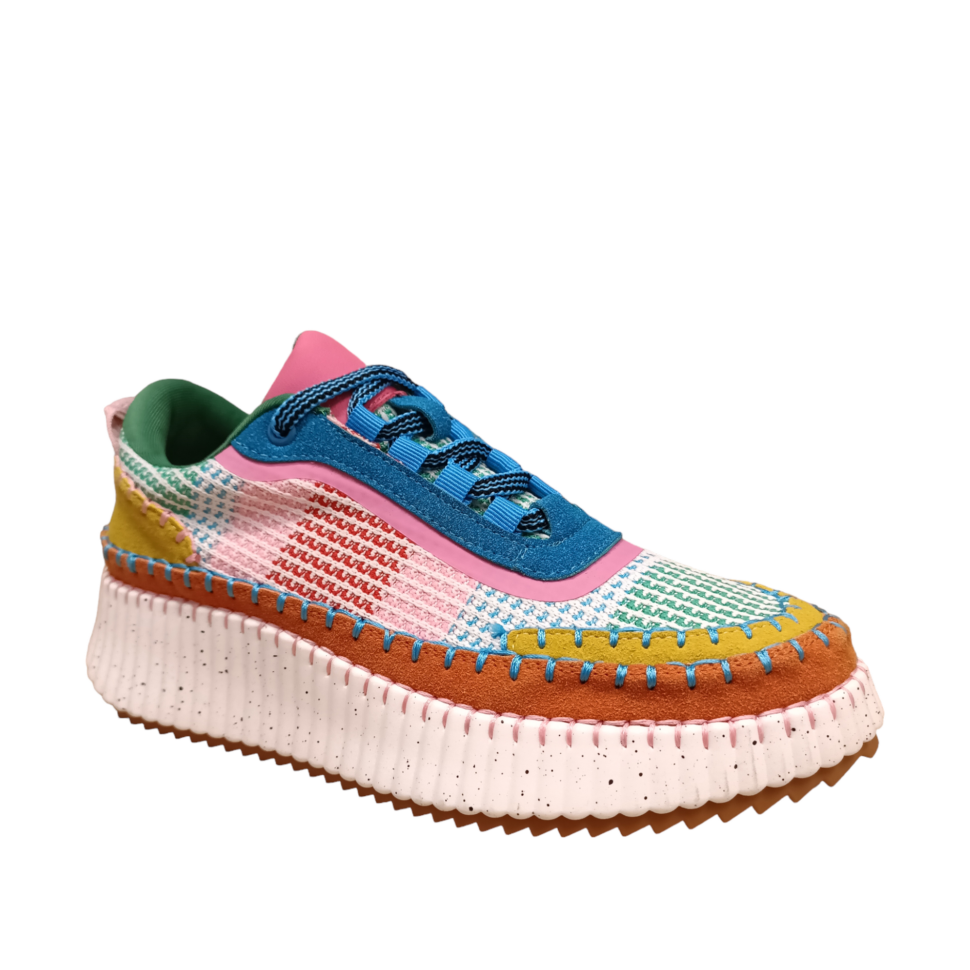 Stella from Gelato. Side angled view of shoe with visible stitching attaching orange, yellow and a multi colour material with blue around the laces. Shop with shoe&amp;me Mount Maunganui online and in-store.