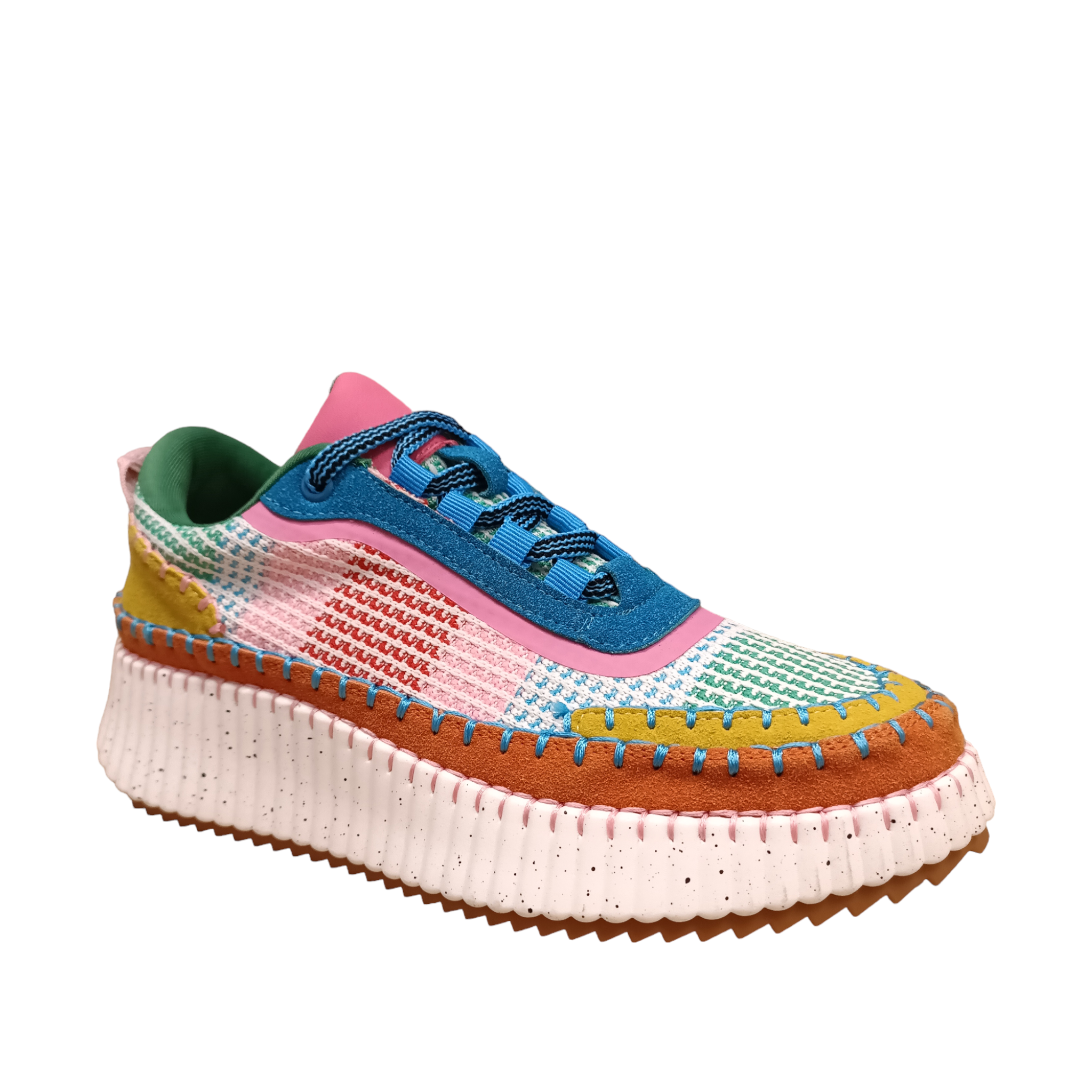 Stella from Gelato. Side angled view of shoe with visible stitching attaching orange, yellow and a multi colour material with blue around the laces. Shop with shoe&me Mount Maunganui online and in-store.