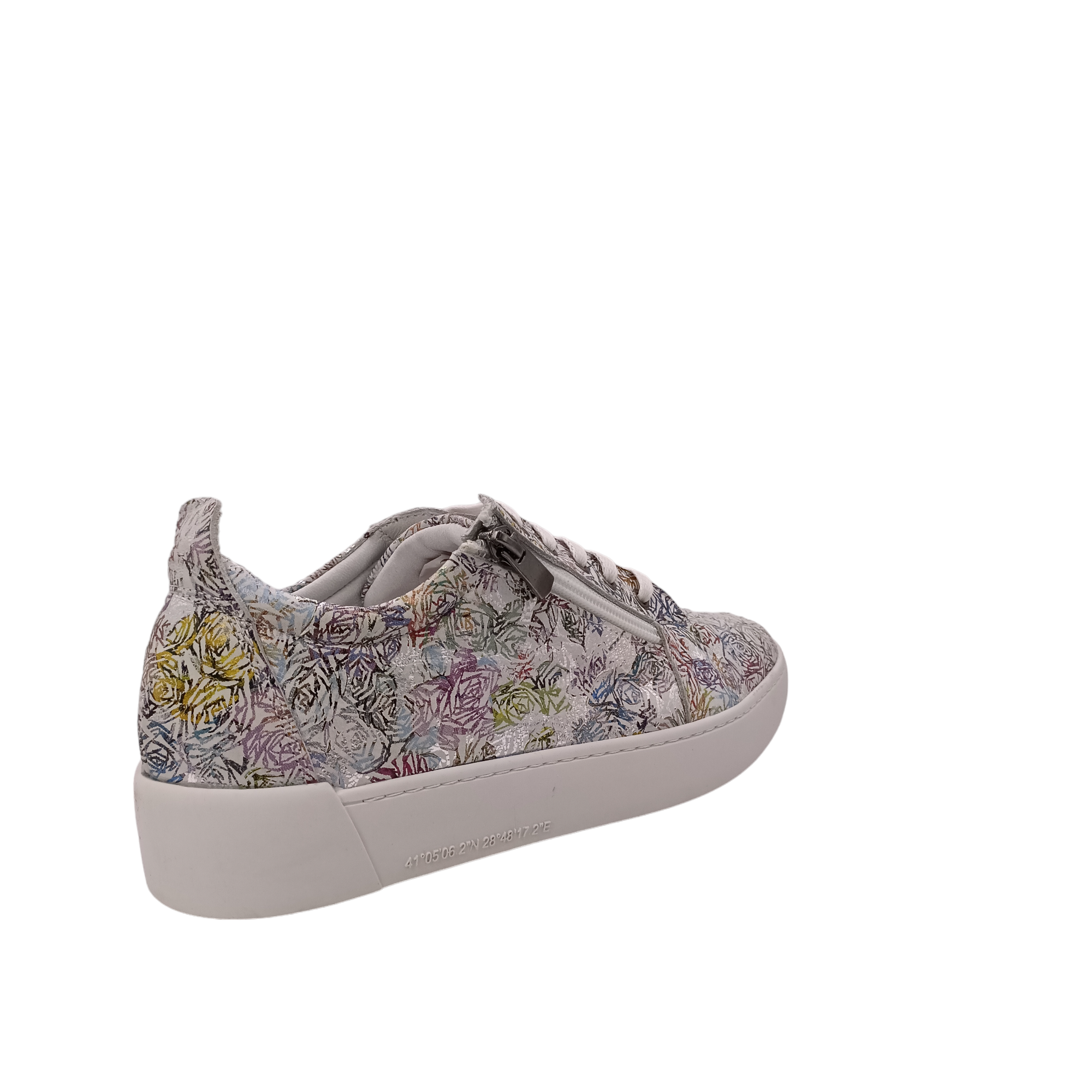 Side angle view of Tarzan Leather printed shoe with floral outlines, multi coloured print. White laces and sole. Shop Womens Rilassare Shoes Online and IN-store with shoe&amp;me NZ