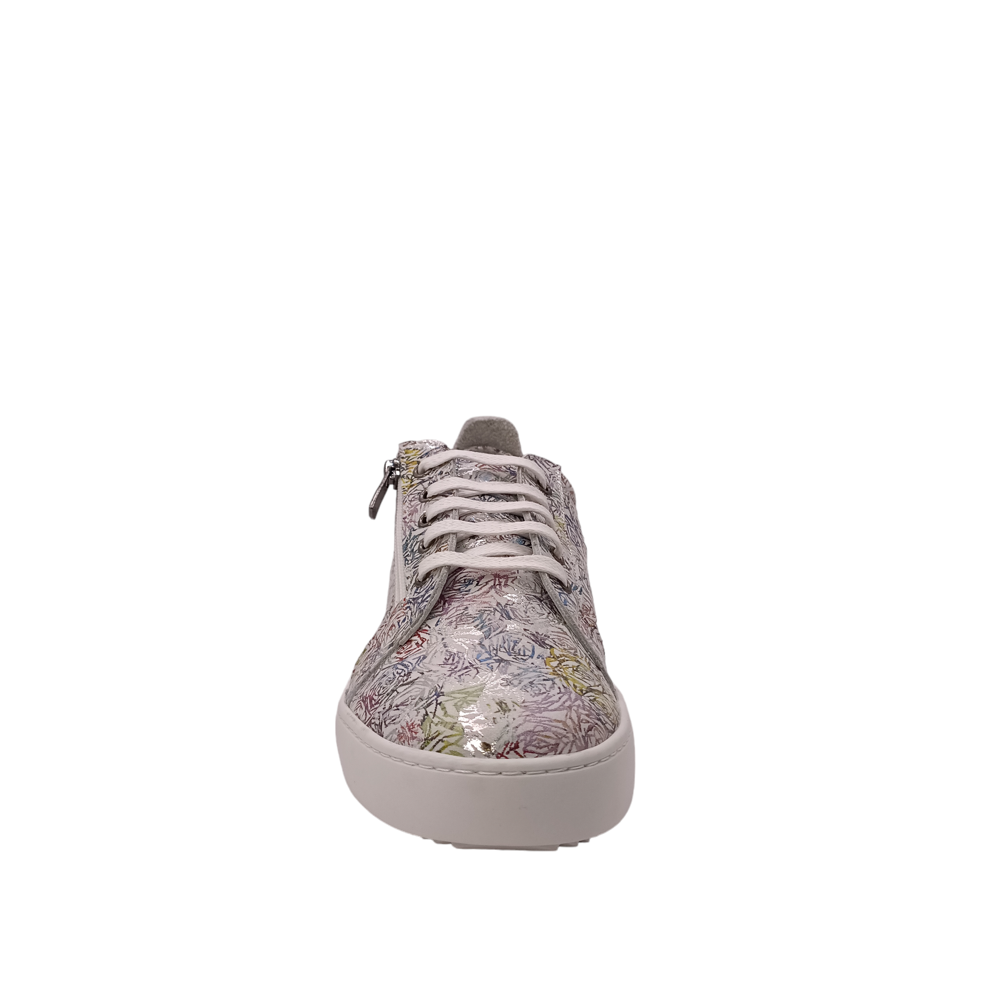 Side angle view of Tarzan Leather printed shoe with floral outlines, multi coloured print. White laces and sole. Shop Womens Rilassare Shoes Online and IN-store with shoe&me NZ