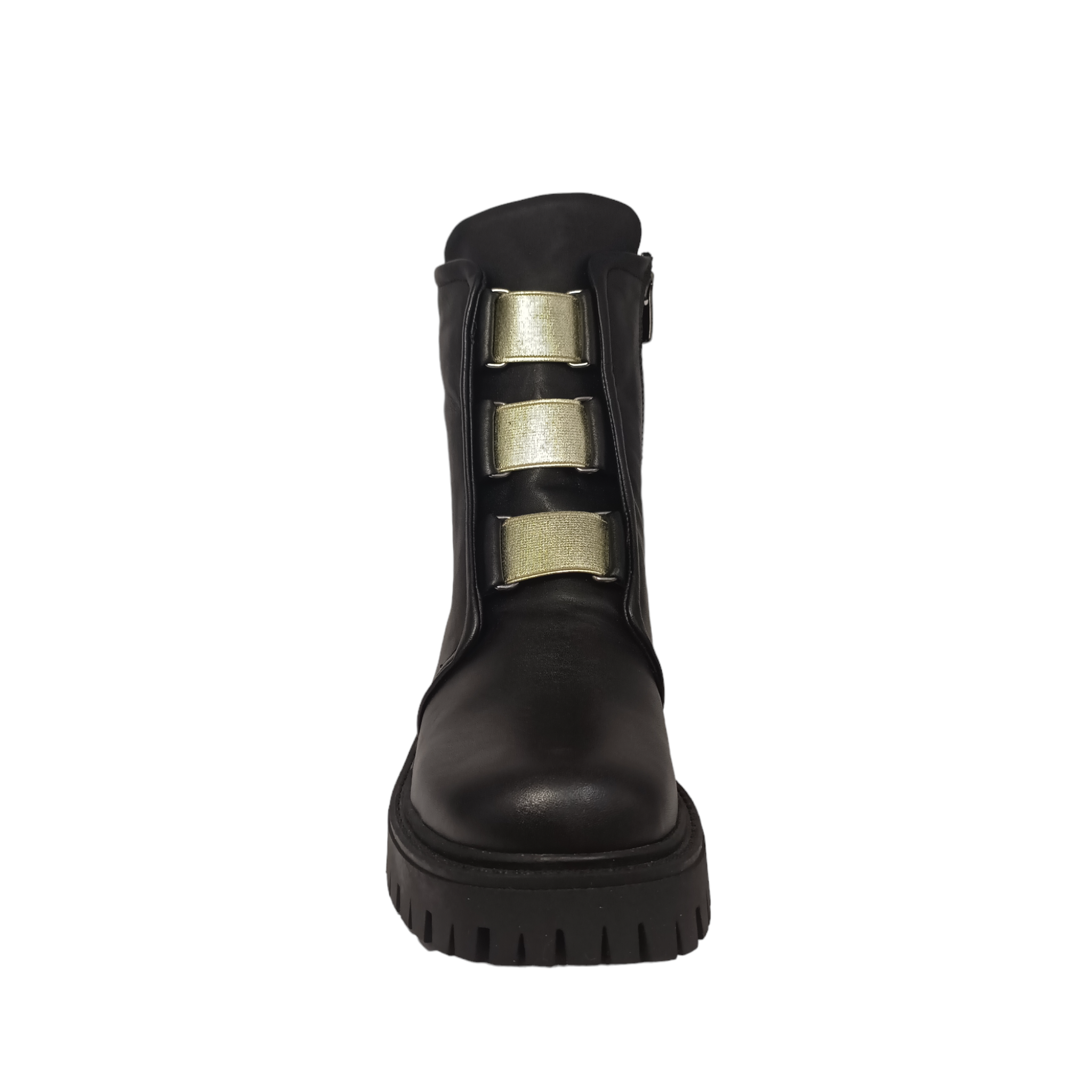 Tereta boot with metallic elastic on the front. Side angled view. Tall tongue on front of boot. Shop Online and In-store with shoe&me