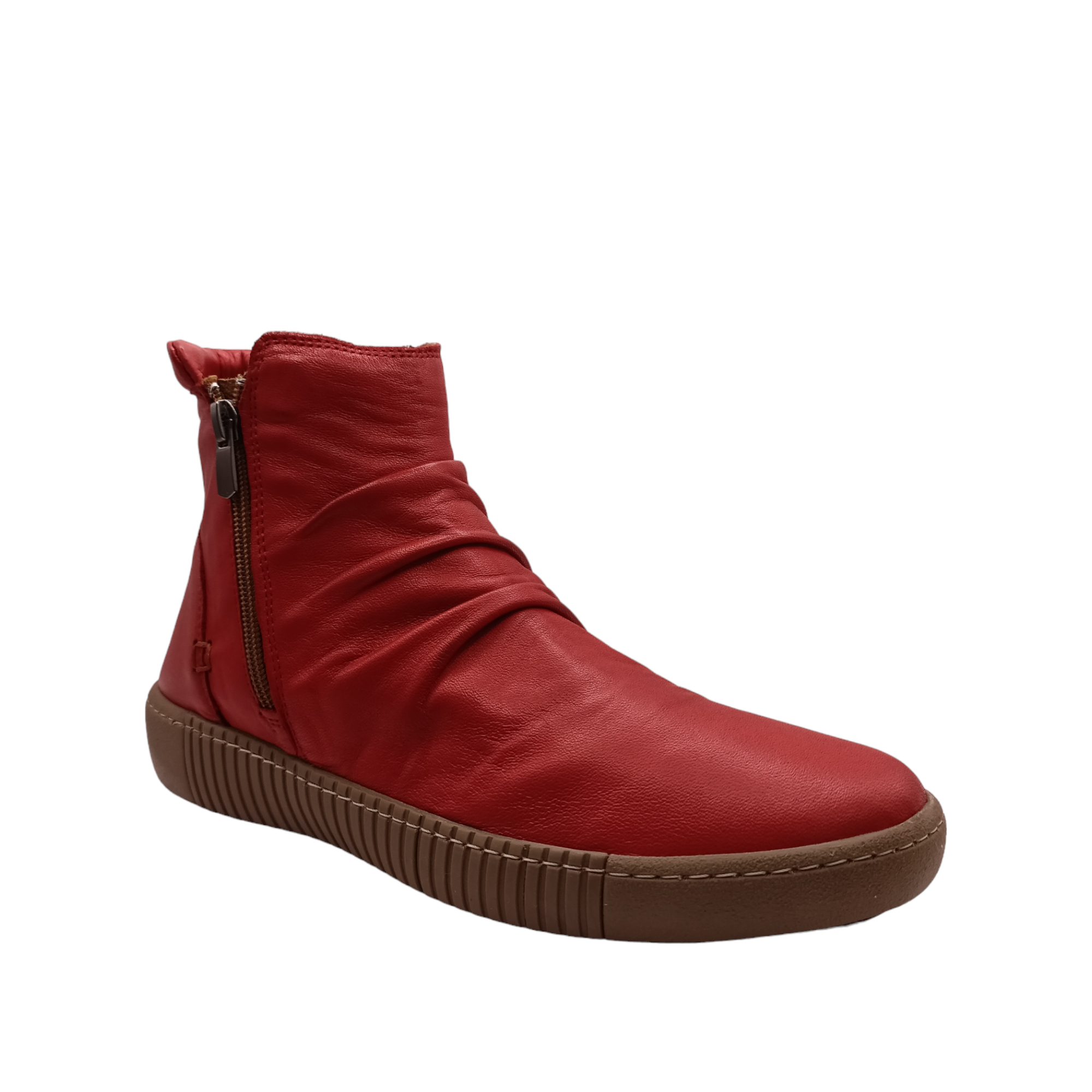 Front angle view of Winnie from Cabello. Red coloured leather boot with two zips.