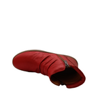 Top view of Winnie from Cabello. Red coloured leather boot with two zips.
