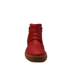 front view of Winnie from Cabello. Red coloured leather boot with two zips.