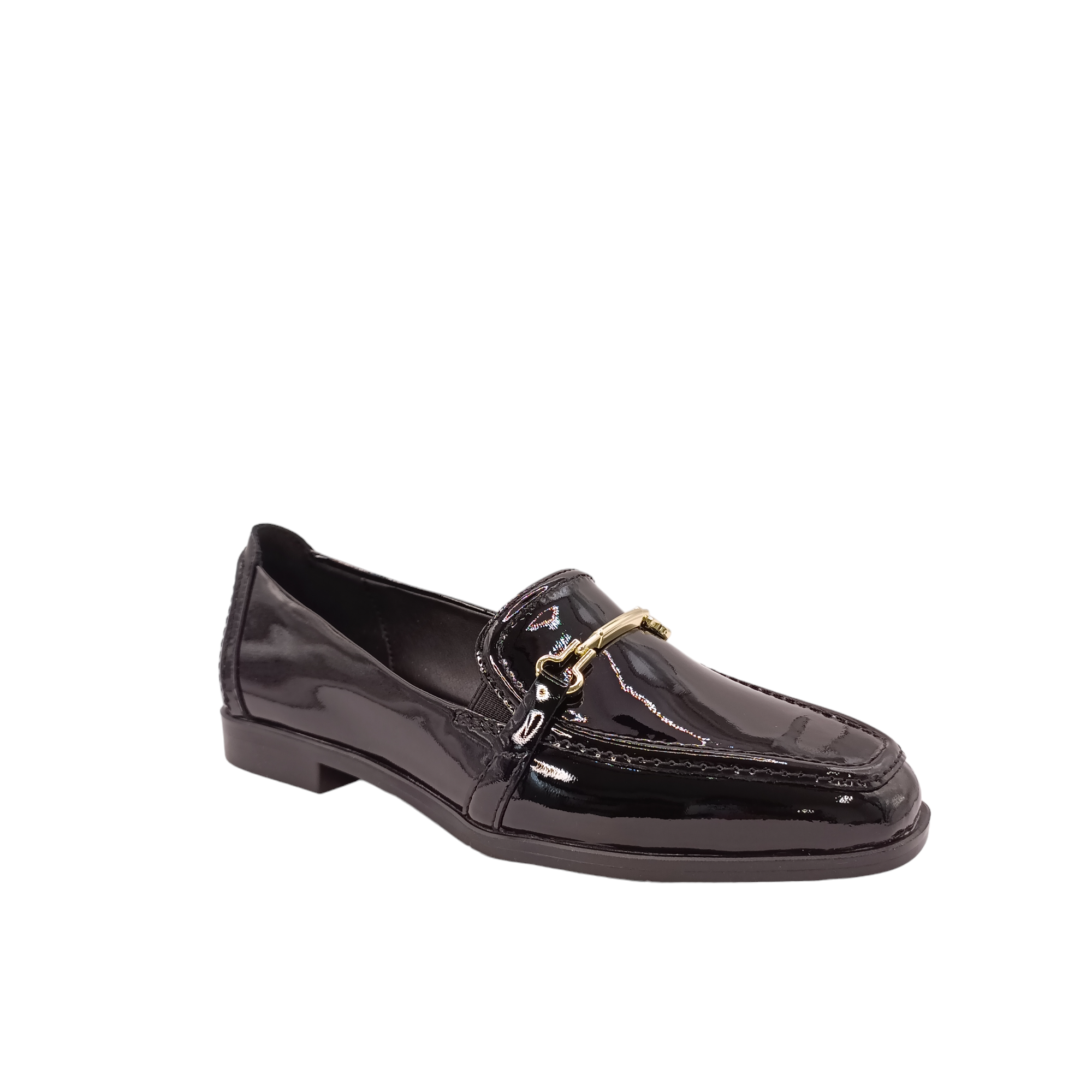 side view of Black patent shoe with gold chain detailing. zippo hush puppies shoes. Shop online and in-store with shoe&me Mount Maunganui Tauranga NZ
