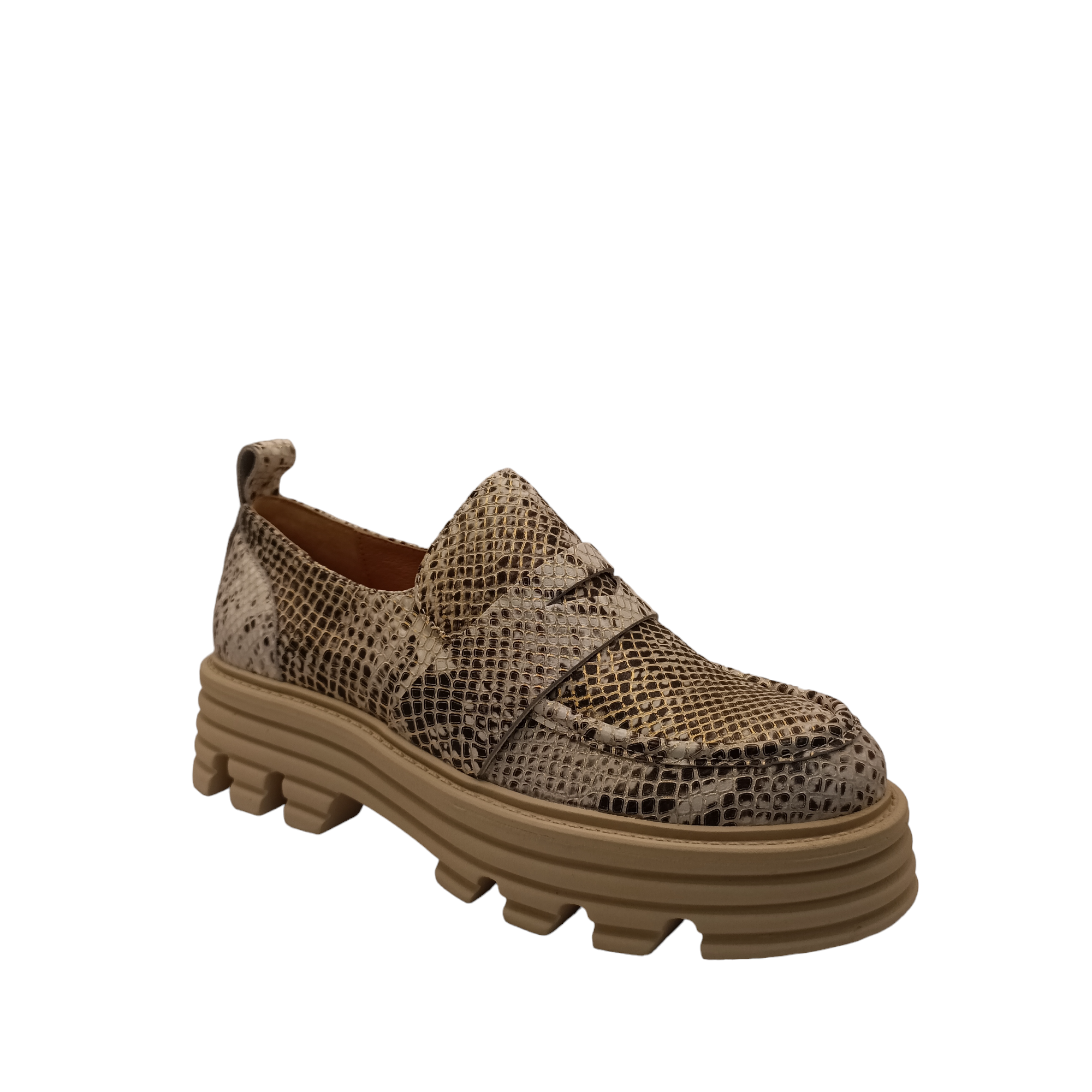 Side angle view of Jania, Slip on shoe from EOS. Champagne Snake pattern with a bone coloured platform. small heel loop and elastic gusset under the tongue upper. Shop WOmens Shoes ONline and IN-store with shoe&amp;me Mount Maunganui Tauranga.