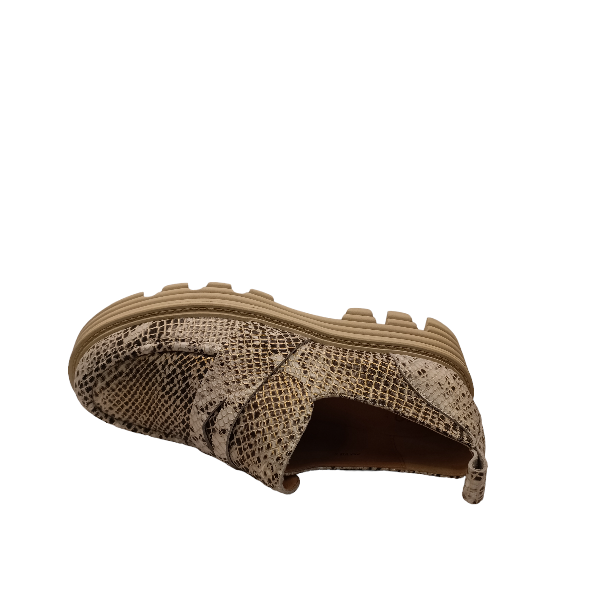 Top view of Jania, Slip on shoe from EOS. Champagne Snake pattern with a bone coloured platform. small heel loop and elastic gusset under the tongue upper. Shop WOmens Shoes ONline and IN-store with shoe&me Mount Maunganui Tauranga.