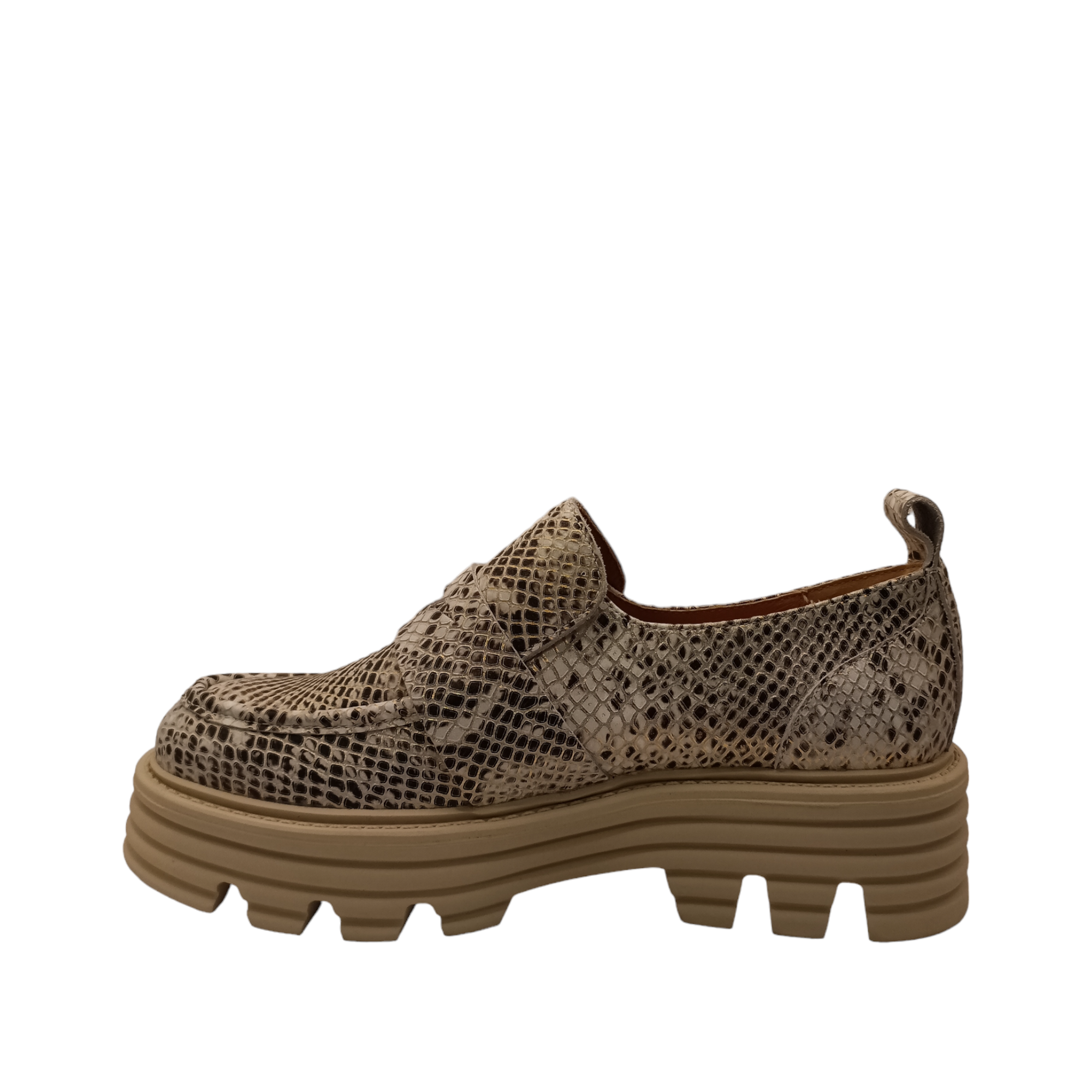 Side angle view of Jania, Slip on shoe from EOS. Champagne Snake pattern with a bone coloured platform. small heel loop and elastic gusset under the tongue upper. Shop WOmens Shoes ONline and IN-store with shoe&me Mount Maunganui Tauranga.