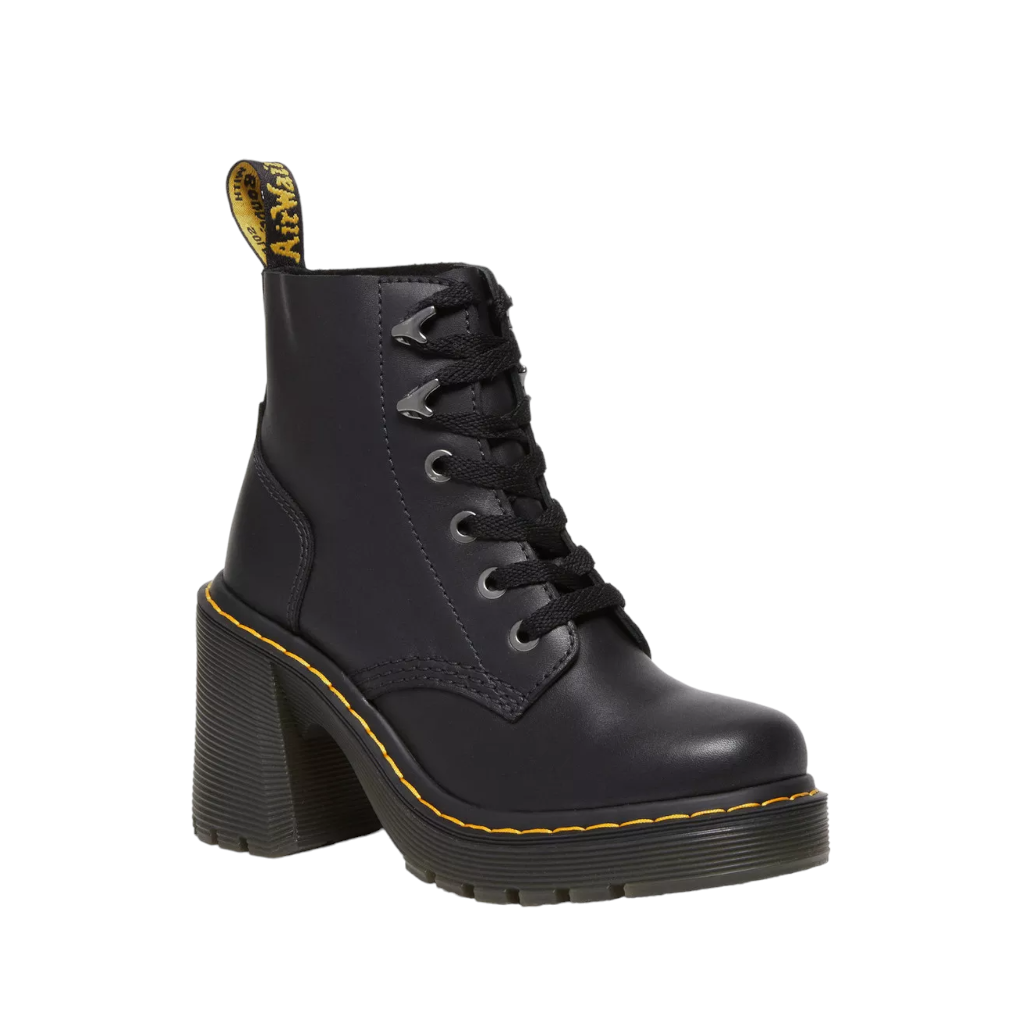 Jesy Dr. Marten Boots with heel and platform sole. Shop Online and in-store with shoe&me Mount Maunganui. Iconic yellow Stitch with unique eyelets and pull-tab.