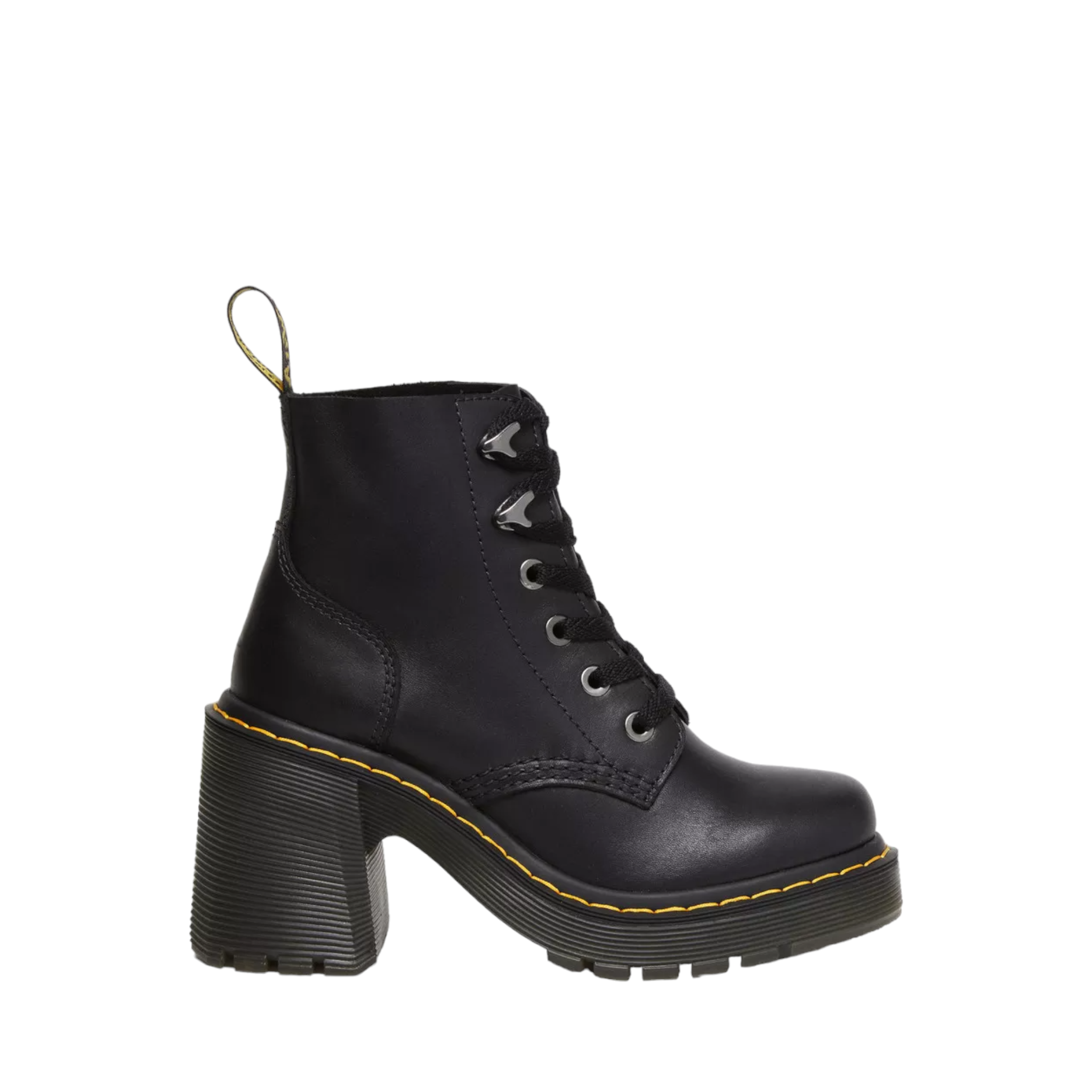 Jesy Dr. Marten Boots with heel and platform sole. Shop Online and in-store with shoe&me Mount Maunganui. Iconic yellow Stitch with unique eyelets and pull-tab.