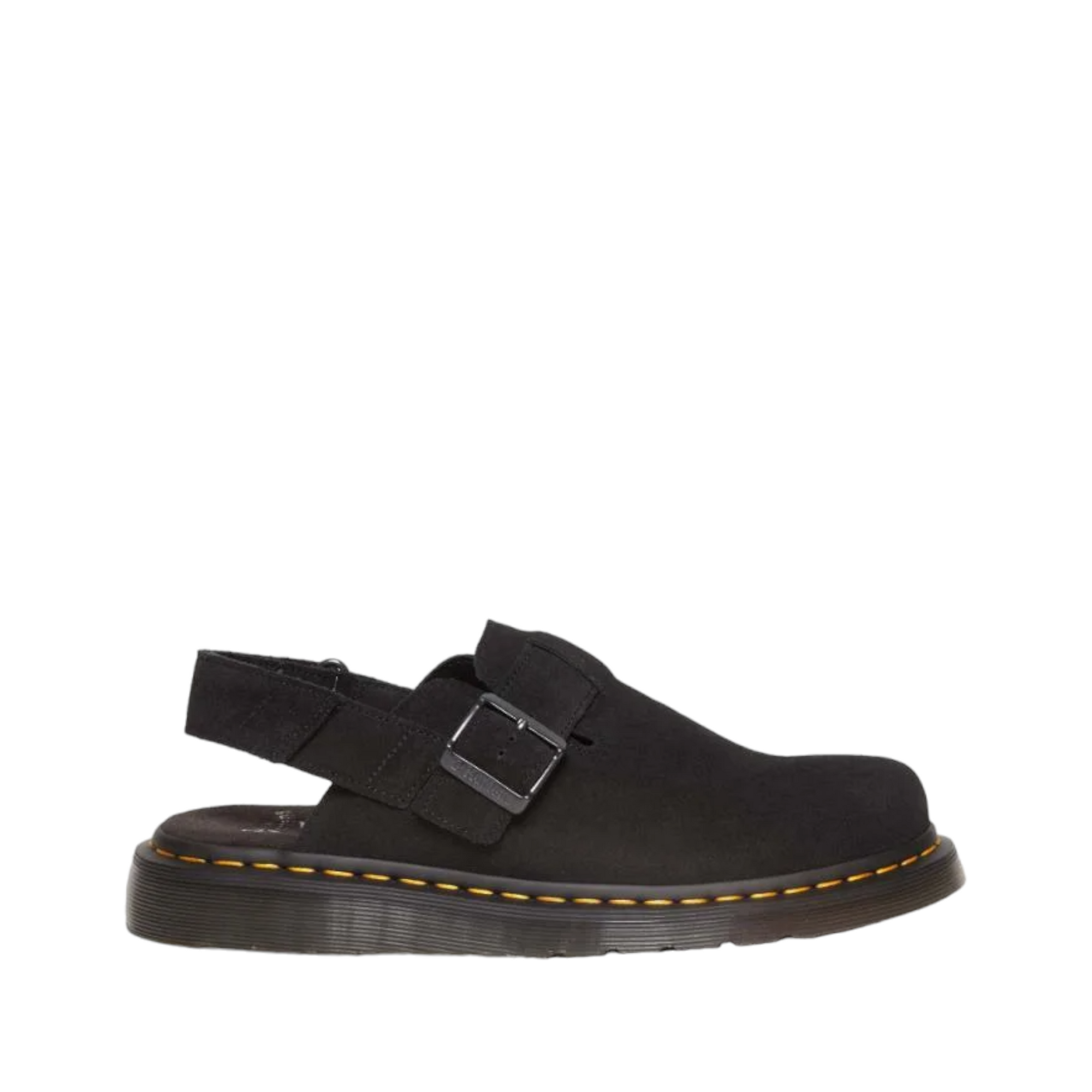 Side view of Jorge II from Dr. Martens. Shop Black Suede Clogs with shoe&amp;me. Suede footbed with a metal buckle over the top of the shoe. Velcro strap around the heel.