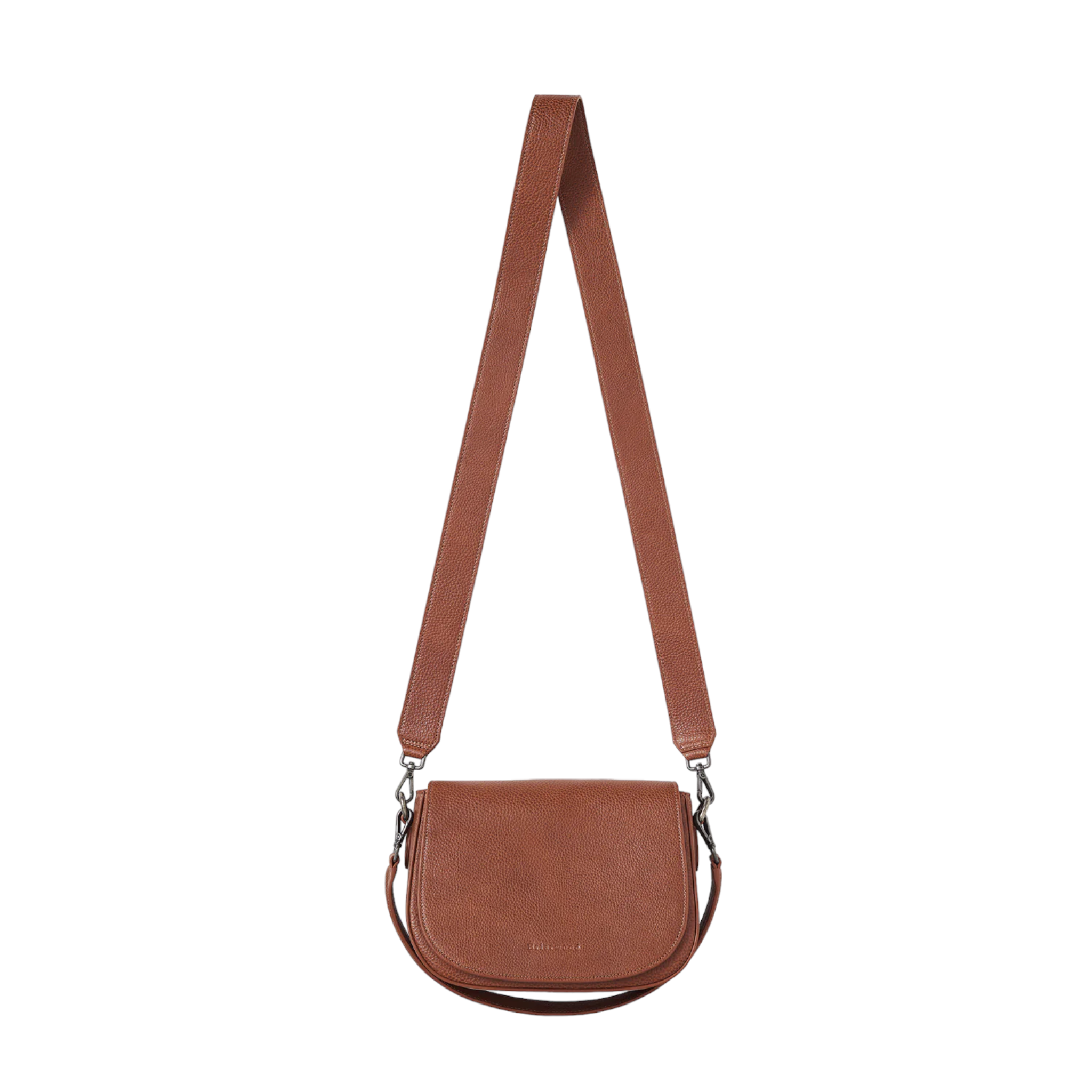 Front view of Quintana Briarwood Chestnut coloured handbag. Crafted with fine leather, with a shoulder strap and a short strap.